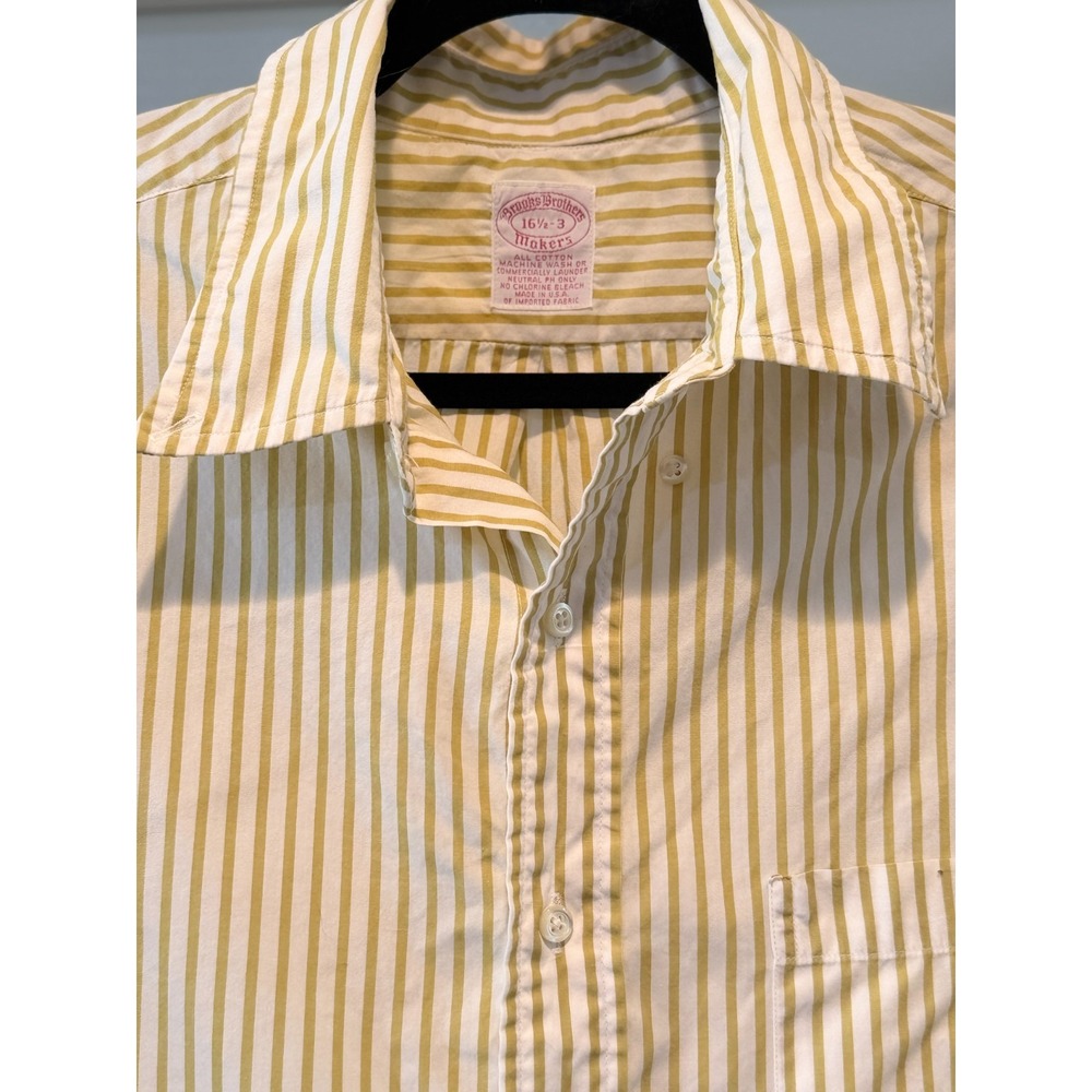 Brooks Brothers Mens 16.5 Short Sleeve Button Shirt Olive Green Stripe Cotton